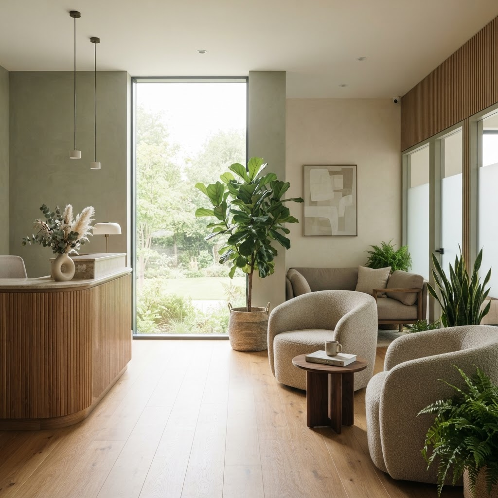 Ambiente clínico moderno, sereno e acolhedor com luz natural e acabamentos em madeira